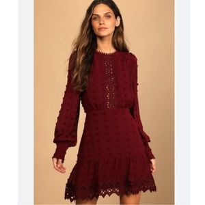 LULUS Lust or Love Wine Red Embroidered Lace Long Sleeve Mini Dress